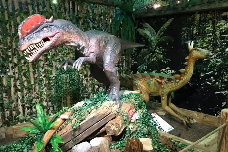 Lebensechte Dinosaurier-Figuren in einer detailreichen Urzeitlandschaft – ein Highlight unter den Indoor Aktivitäten in Tirol im Tirolland.