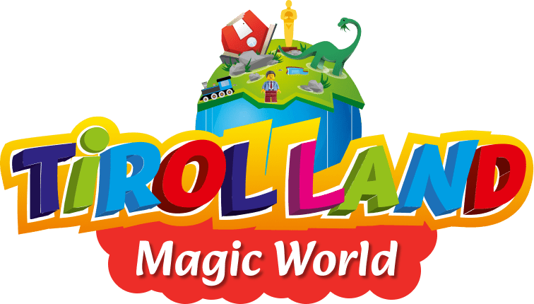 Buntes Logo des Freizeitparks Tirolland Magic World in Tirol mit verspielten Elementen wie Dinosauriern, Lego-Figuren und einer kleinen Eisenbahn.